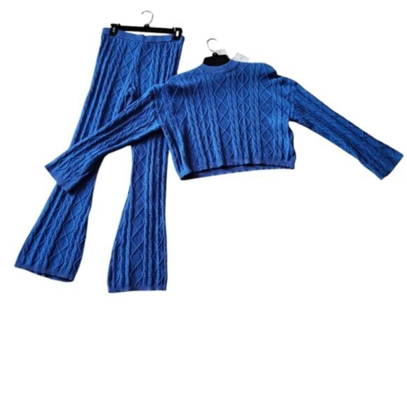 Cable Knit Passion Blue Pantsuit Loungewear Sweater Set Sz S - Picture 4 of 9